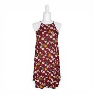 Mossimo Burgundy Floral Boho Mini Keyhole Back Sleeveless Swing Dress, Size S